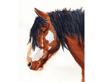 Horse Watercolor Print, Equine Art Print, Painting of a Brown and White Wild Horse