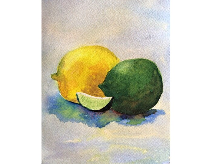 Citrus Art Print, Still Life Watercolor Painting of a Yellow Lemon and a Green Lime, Farmhouse Wall Art, painting of lemon, kitchen wall art