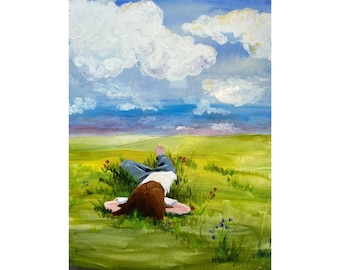 Girl in Grass Art Print: Cloud Watching, Wildflowers, Vertical Landscape