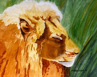 Watercolor Wall Art Print of A Sleeping Lion