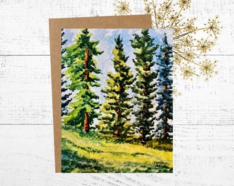Pine Forest Card, Watercolor Card, Painting of Blue and Green Pine Trees in the Colorado Mountains