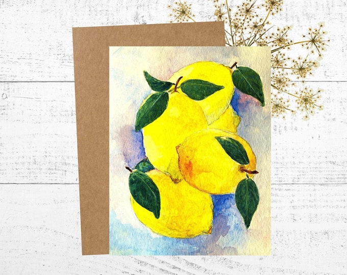 Lemon Card, Watercolor Painting of Yellow Lemons, Personalized Blank 5 x 7 Greeting Card