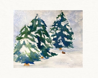 Snowy Pine Tree Watercolor Print: Misty Winter Forest Wall Art by Christina Vilgiate