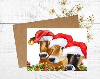 Christmas Card with Cows, Watercolor Card, Holiday Artwork, Christmas wall decor, Cow Art
