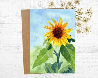 Sunflower card, invitation card with flowers, birthday card, greeting card set, watercolor painting of a single sunflower