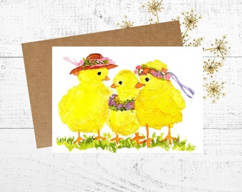 Easter Card, Painting of Yellow Chicks with Bonnets, Thinking of You Note Card, Party Invitation, Personalized Blank 5 x 7 Card