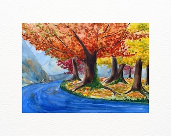 Scotland Autumn River Watercolor Painting: Mountain Art Print