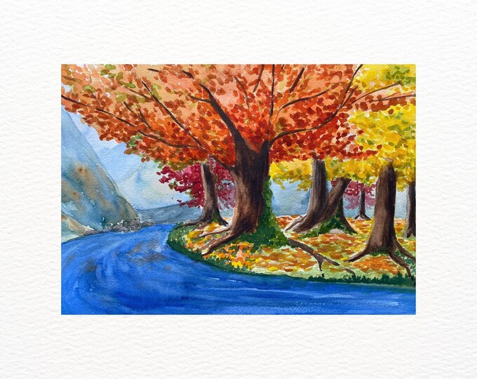 Mountain Art, Wall Art Print, Painting of a River in the Mountains of Scotland during Autumn