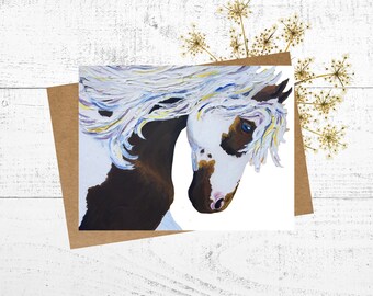 Horse Birthday Card, Watercolor Card, Painting of a Brown and White Wild Horse, 5x7 Personalized Greeting Card