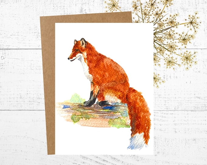 Fox Greeting Card Personalized Watercolor Card Art, 5x7 Fox Card, Wildlife Design Notecard