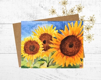 Sunflower Card, Watercolor Card with Flowers, Painting of Three Yellow Sunflowers