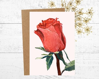 Rose Card, Watercolor Card with Red Floral Artwork, 5x7 Personalized Greeting Card