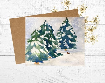 Snowy Pine Trees Card, Watercolor Card, 5x7 Personalized Greeting Card with Envelope