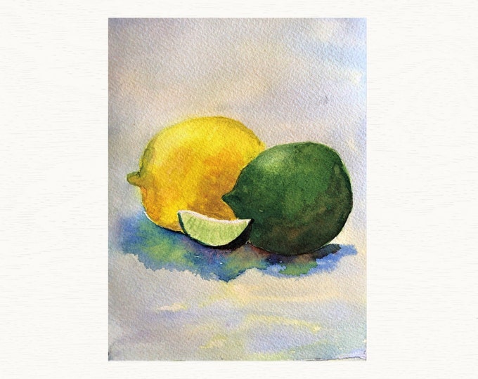 Farmhouse Citrus Wall Art Print, Hand Painted Watercolor Still Life of a Lemon and Lime that is Perfect for Kitchen Decor