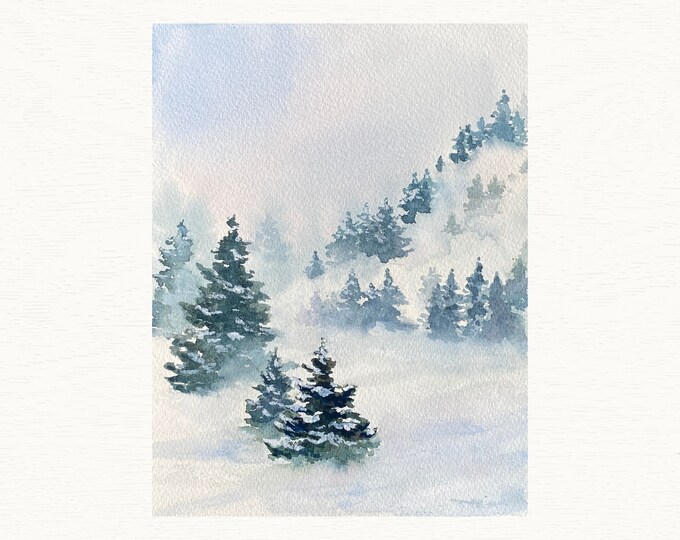 Winter Pine Tree Watercolor Print, Forest, Snow Art, Watercolor Wall Art, Art Print, Watercolor Painting of Pine Trees in a Misty Landscape