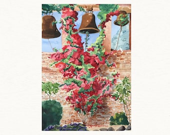 Flower Art Print, 16x20 Print, Painting of a Bougainvillea at San Juan Capistrano Mission