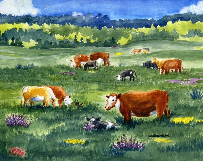 Farmhouse Watercolor-  Painting of Cows Grazing in a Meadow, Pastoral Wall Art for Home Decor