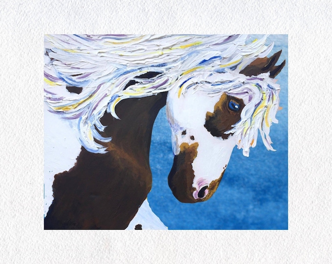 Horse Art Print, Animal Wall Art, Painting of a Brown and White Wild Pony