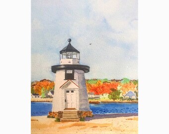 Mystic Lighthouse Art Print: Connecticut Watercolor Landscape