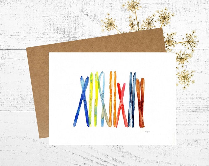 Ski Birthday Card, 5x7 Greeting Card Printed from a Watercolor Painting of Blue, Green, Yellow, and Brown Colorful Skis