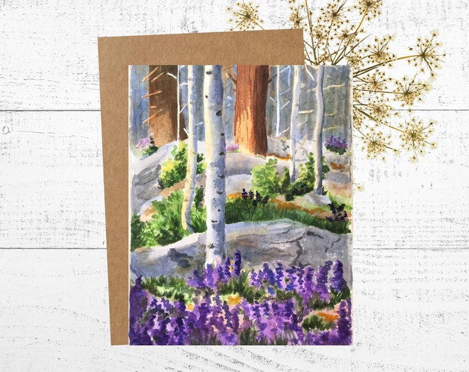 Greeting Card, Watercolor Card, Painting of Aspen Trees and Pine Trees in the Colorado Mountains