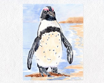 Watercolor Print of a Black and White Penguin, Bird Wall Art For Home Decor