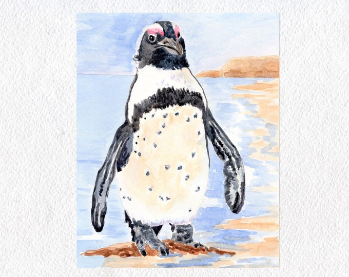Penguin Print - Watercolor Painting of a Happy Black and White Penguin, Bird Wall Art