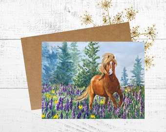 Horse Birthday Card, Watercolor Card, Painting of a Palomino Horse Running Through a Meadow of Purple Wildflowers