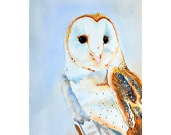 Barn Owl Art Print, Watercolor Painting of Bird of Prey