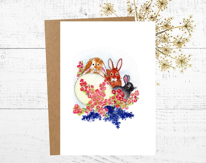Spring Bunny Greeting Card - Personalized Watercolor Easter Art, Rabbit Card, Floral Design