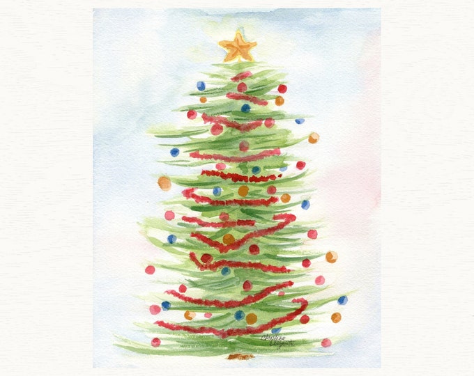 Christmas Tree Art Print, Cheerful Watercolor Painting for Home Decor