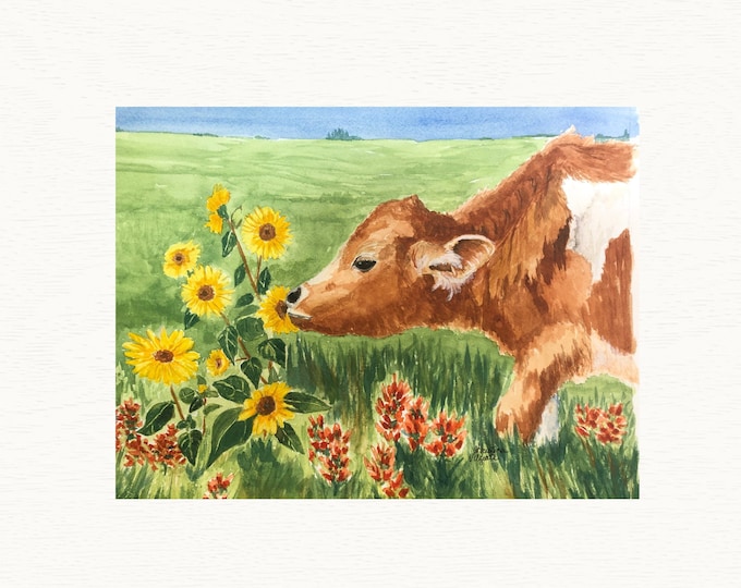 Watercolor Print from the Original Painting of a Brown Calf Smelling Yellow Sunflowers for Cow Wall Art Decor.