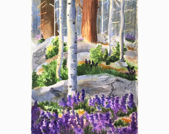 Watercolor Art Print of Aspens, Pine Trees & Purple Wildflowers in Colorado