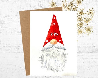 Gnome Greeting Card, Painting of a Gnome with a Red Hat with White Hearts, Personalized 5x7 Greeting Card