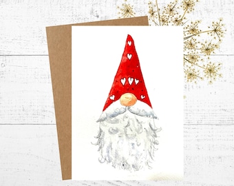 Gnome Greeting Card: Red Hat with Hearts, Watercolor Art