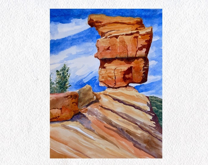 Colorado Painting, Watercolor Print of Balanced Rock in Garden of the Gods Park, Mountain Wall Art