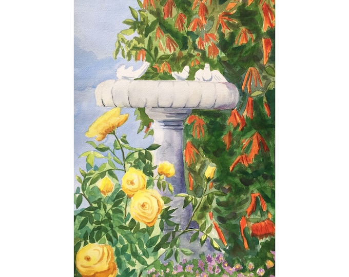 Rose Garden Watercolor Print, Flower Wall Art, Botanical Painting of the Rose Garden in my Grandmother's Backyard.