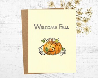 Welcome Fall Greeting Card, Cute Autumn Cards, Fall Birthday Card, 5x7 Personalized Greeting Card