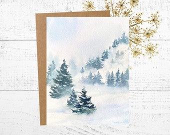 Winter Card, Snowy, Misty Pine Tree Painting, Personalized 5x7 Greeting Card