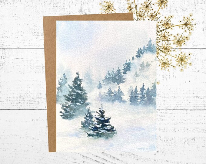 Winter Card, Snowy, Misty Pine Tree Painting, Personalized Greeting Card