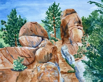 Red Rocks Open Space Watercolor Print: Colorado Hiking Trail Art