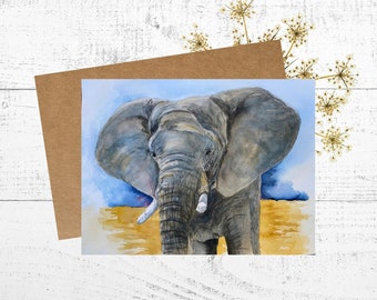 Elephant Card, Watercolor Greeting Card Art, African Elephant Artwork, 5x7 Personalized Greeting Card
