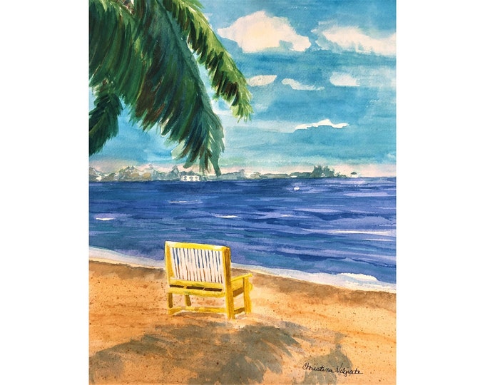 Beach Watercolor Print, Painting of a Yellow Bench on a Beach in Belize.