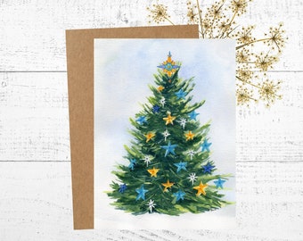 Christmas Tree Greeting Card, Holiday greeting, Blue and Gold Christmas Artwork, Personalized Greeting Card
