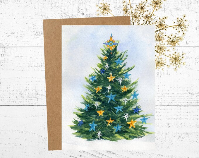 Christmas Tree Greeting Card, Holiday greeting, Blue and Gold Christmas Artwork, Personalized Greeting Card