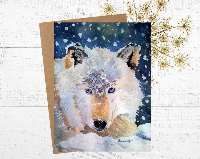 Wolf Card, Watercolor Card, Painting of a  Gray Wolf in the Snow, Frameable gift