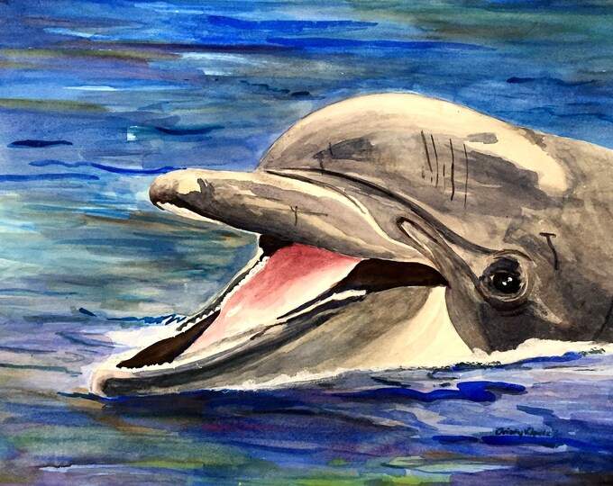 Happy Dolphin Print from Original Watercolor 8x10 Art Print, Watercolor Wall Art
