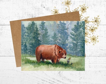 Bear Card, Watercolor Card, Painting of a Sweet Meeting Between a Grizzly Bear and Butterfly