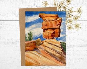 Colorado Greeting Card, Watercolor Card, Painting of Balanced Rock in Garden of the Gods Park