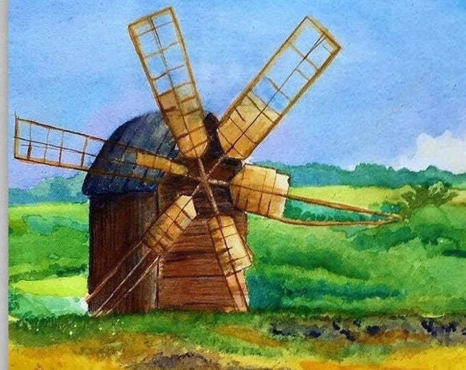 Ukraine Watercolor Print, A Windmill Stands in a Farmer's Green Field Filled with Beautiful Purple and Yellow Flowers